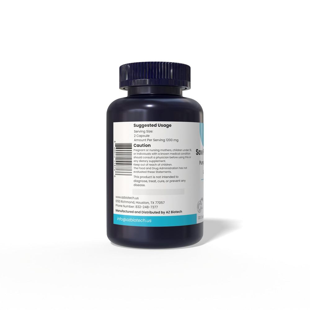 AZBiotech Saw Palmetto Plus 1200mg bottle with ingredients illustration