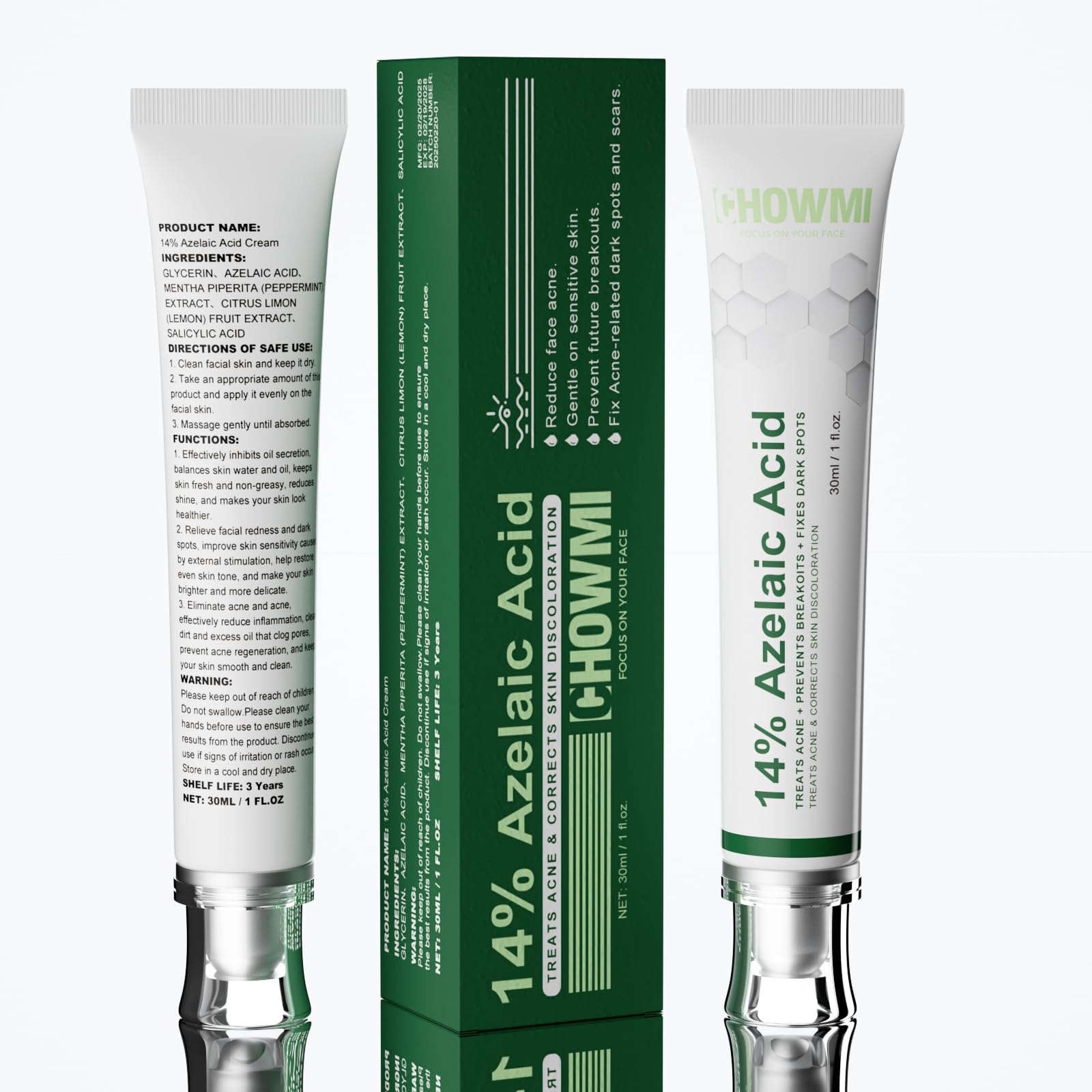 Azelaic acid 14% serum porcelain skin glow after application.