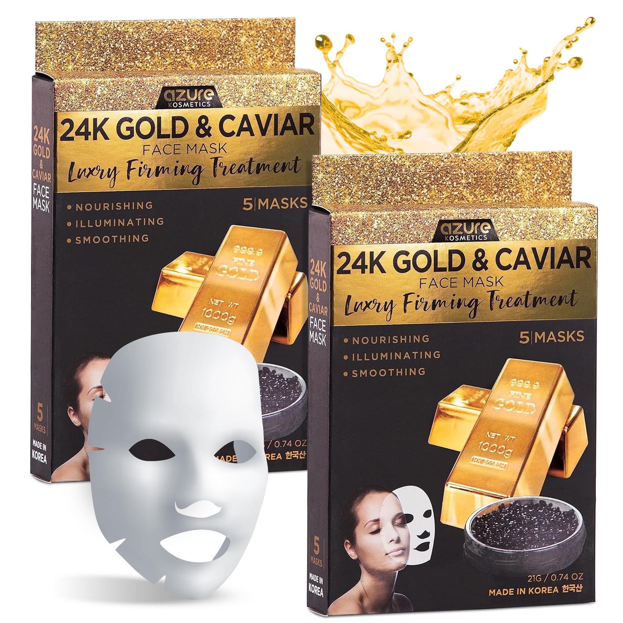 Azure Cosmetics 24K Gold and Caviar mask packaging close-up for radiant hydration.