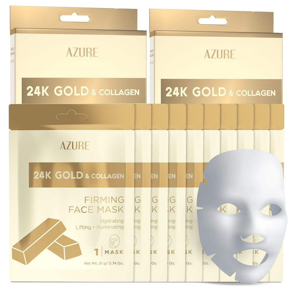 Azure Cosmetics 24K Gold Firming Face Mask sheets pack for deep hydration and glow.