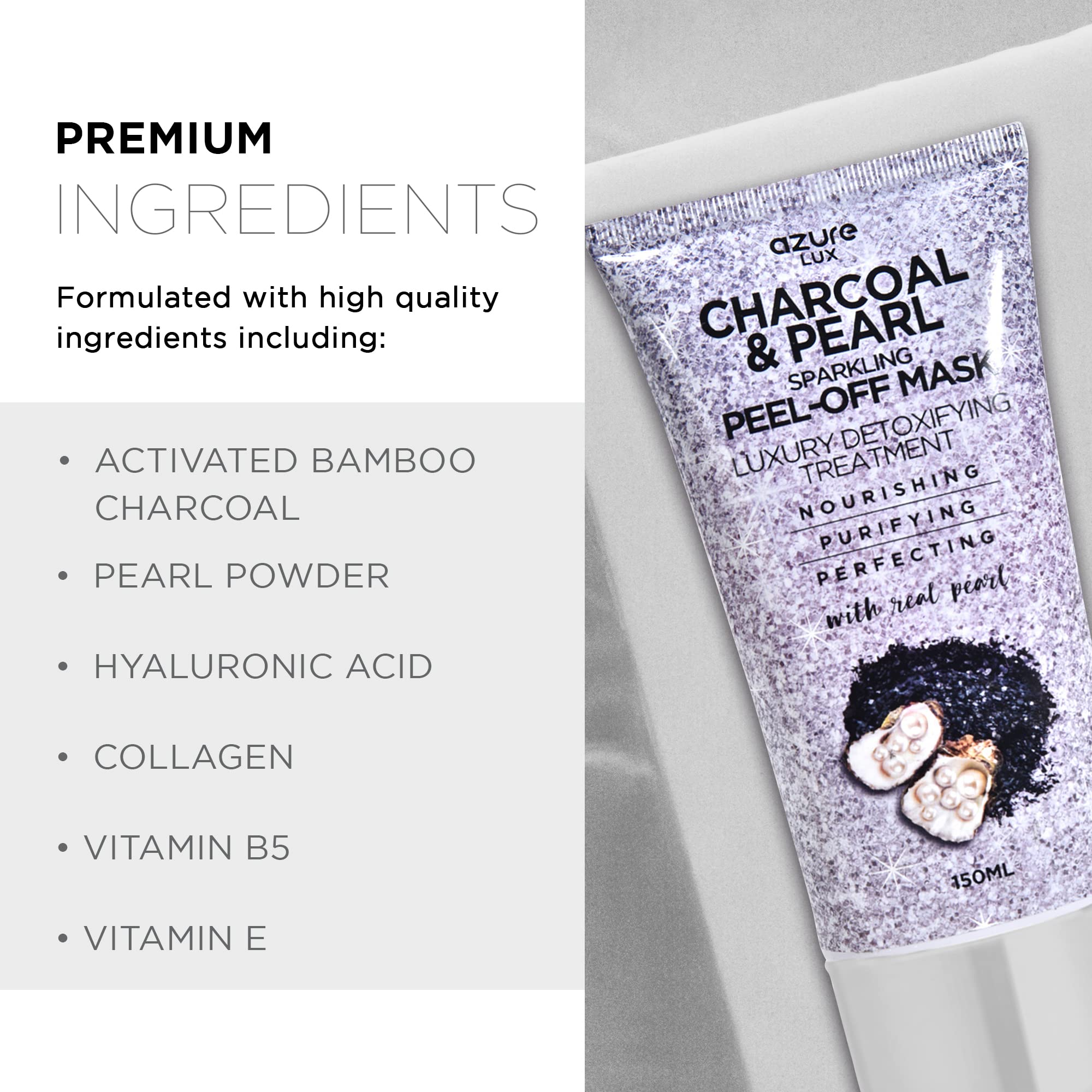 Azure Cosmetics Charcoal Pearl Sparkling Peel-Off Mask jar close-up emphasizing hydrating formula