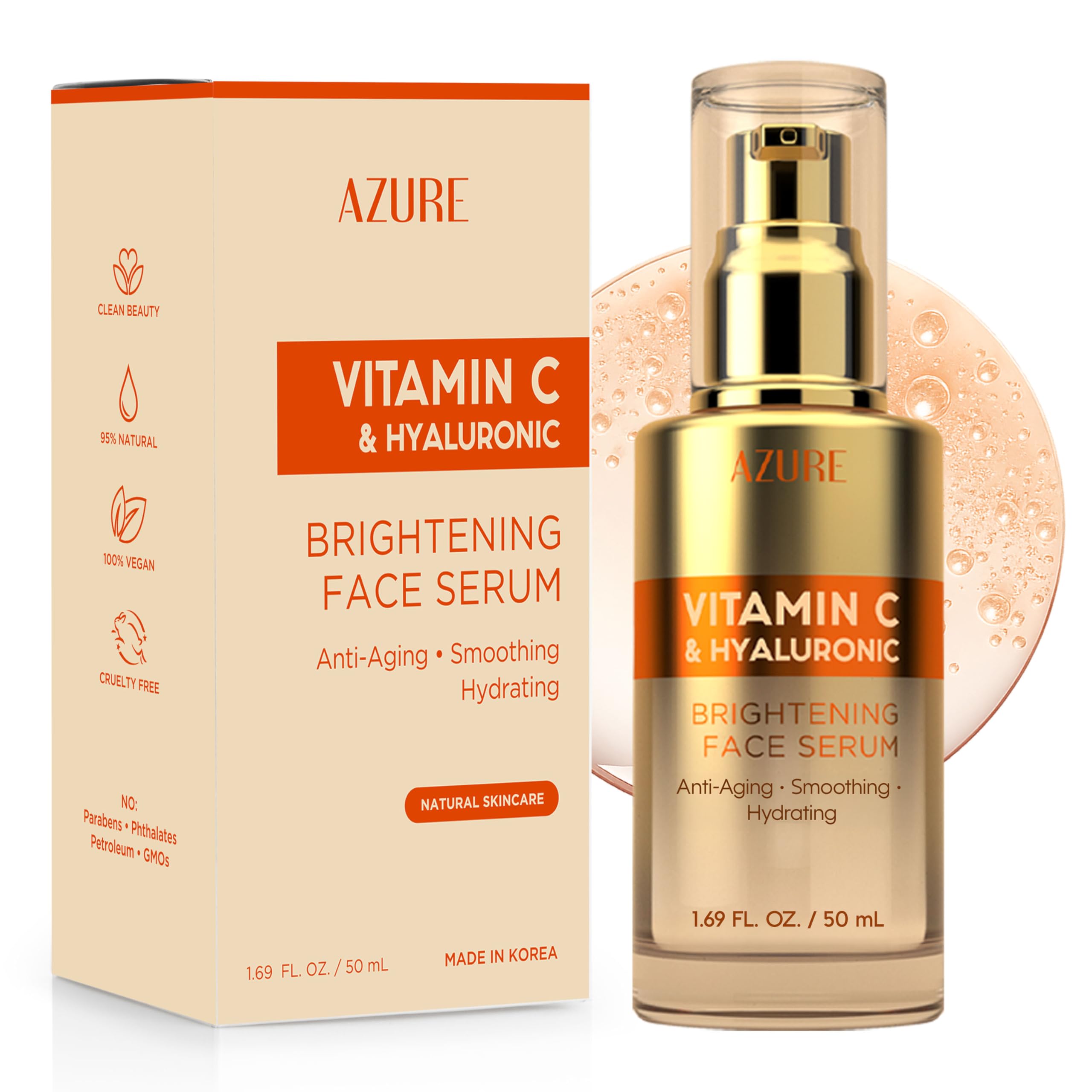 Azure Cosmetics Vitamin C Serum bottle showing hydrating formula for radiant skin.