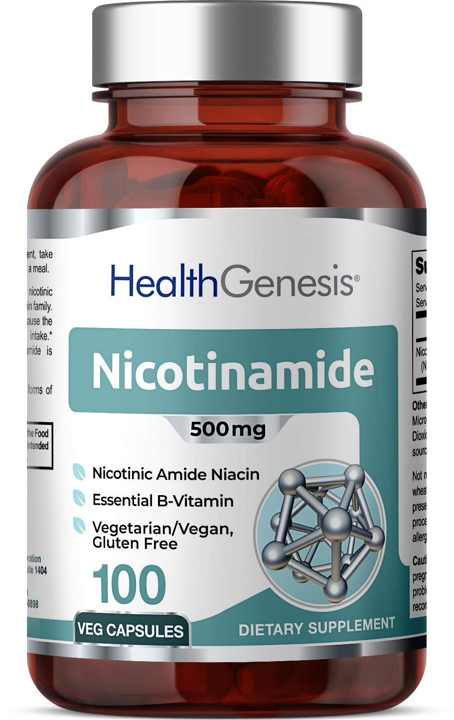 Bottle of B-3 Nicotinamide 500 mg 100 Vcaps front view