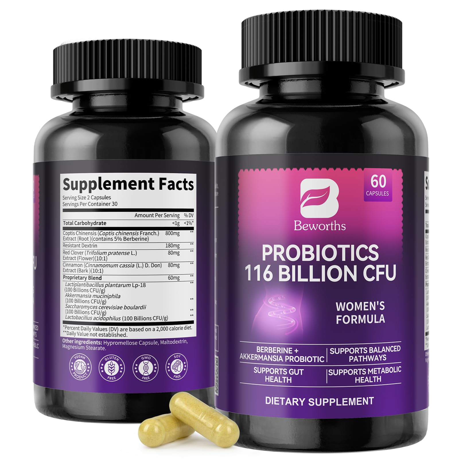 Front label of B BEWORTHS Akkermansia Probiotics with Berberine bottle