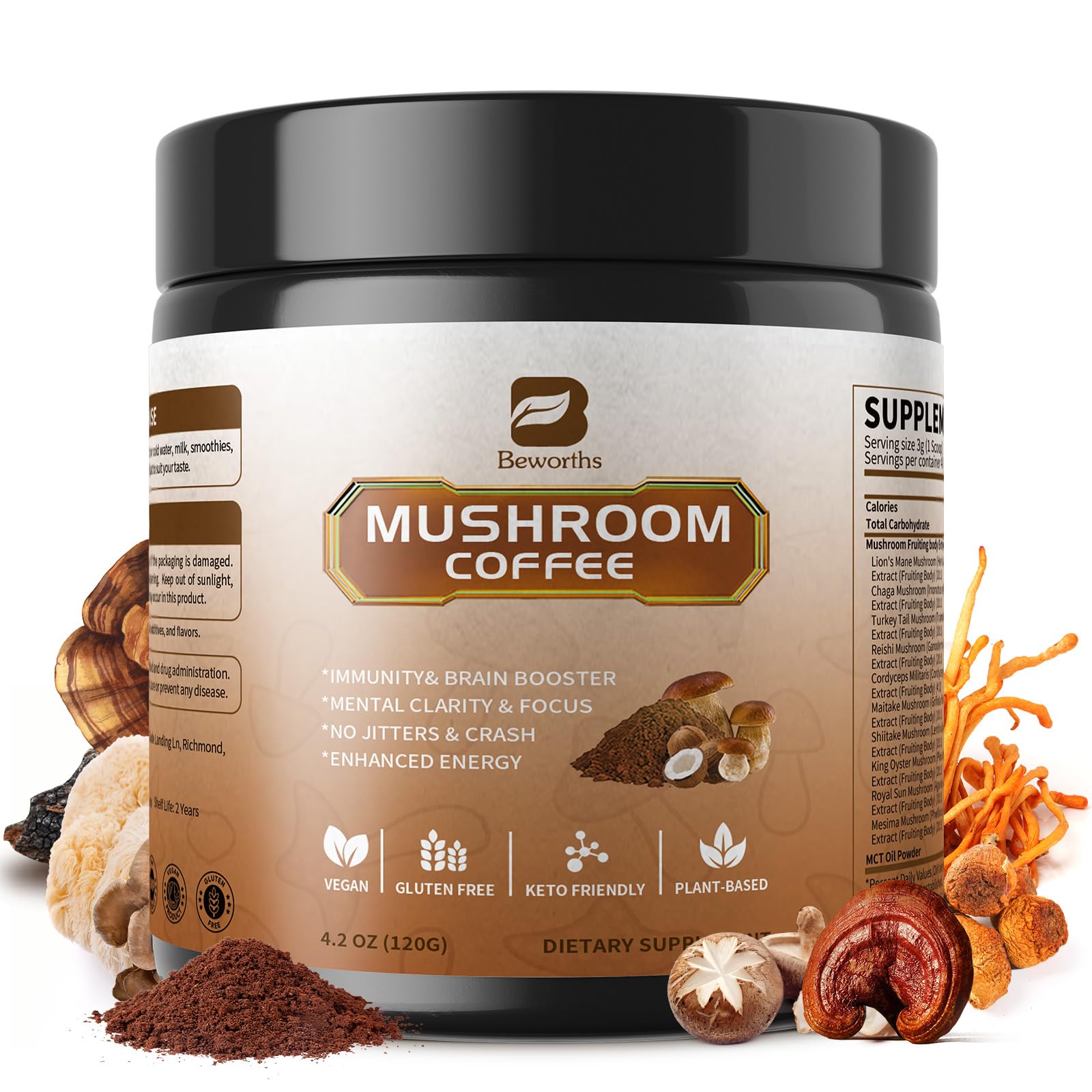 Front view of B BEWORTHS Mushroom Coffee powder package