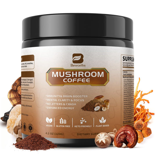 Front view of B BEWORTHS Mushroom Coffee powder package