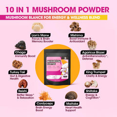 Ingredient spotlight showing 10 mushroom blend, Ashwagandha, and L-Theanine