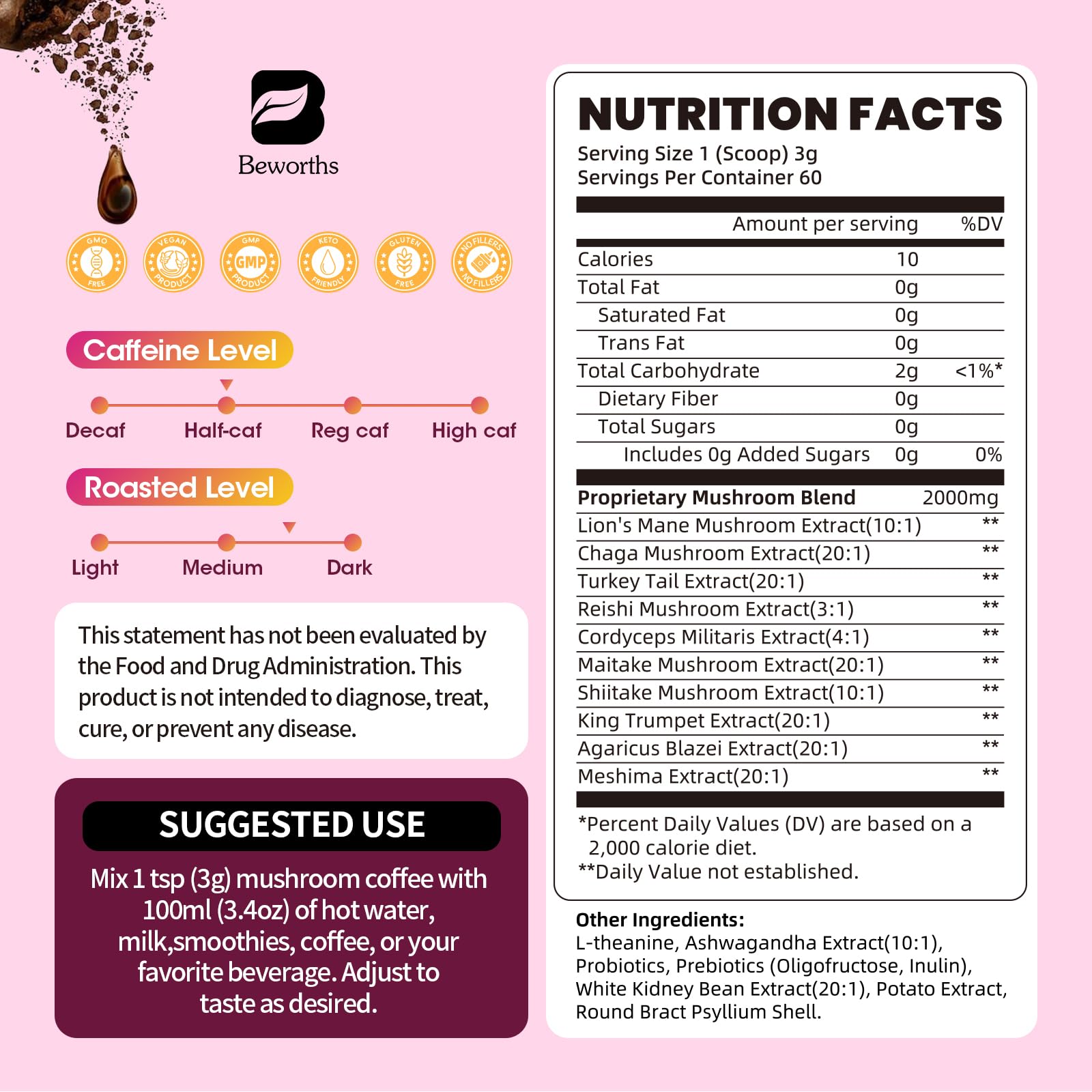 Probiotics and prebiotics in B BEWORTHS Mushroom Coffee for gut health