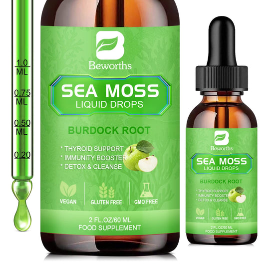 B BEWORTHS Sea Moss Liquid Drops bottle with Organic Irish Sea Moss and Burdock Root ingredients