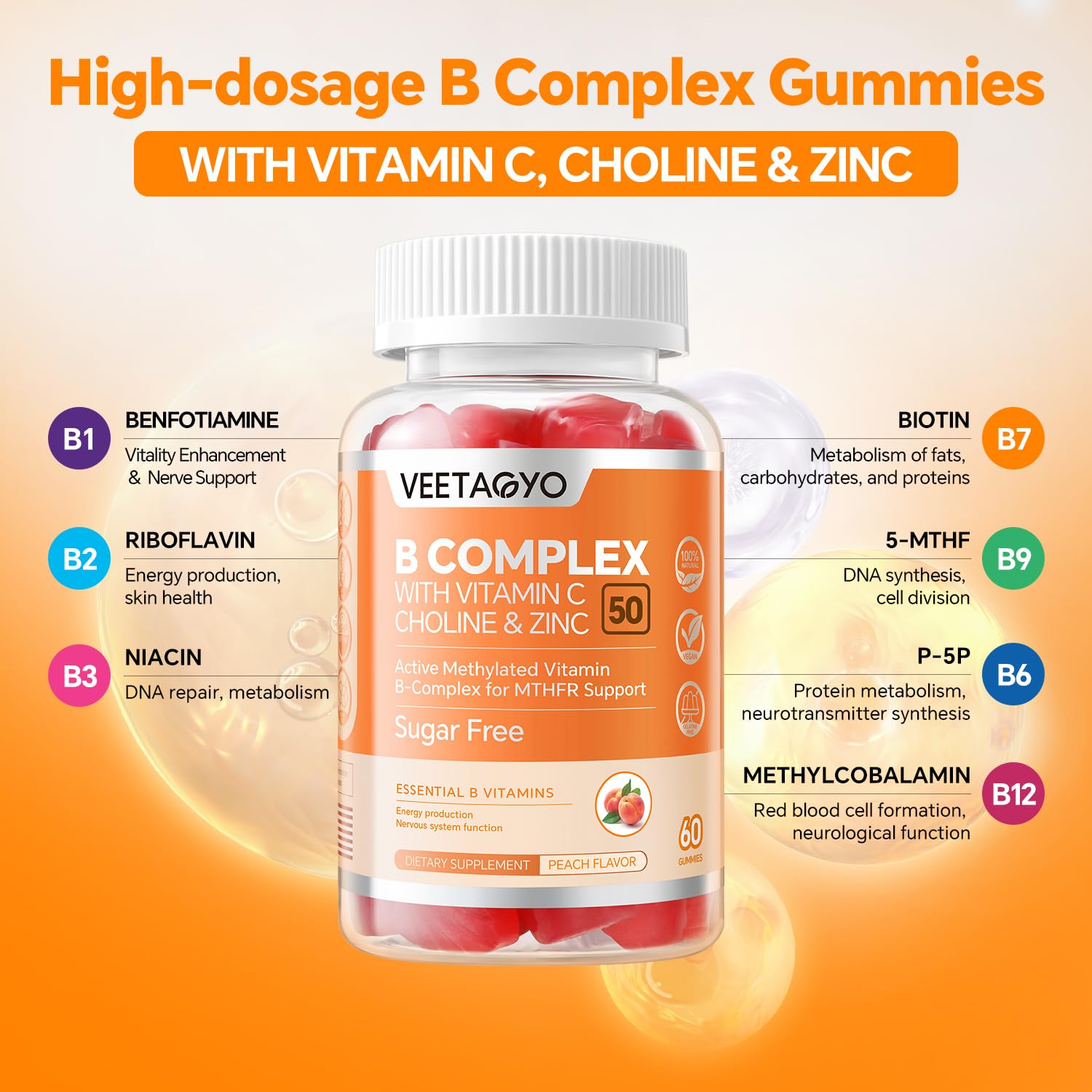 Close-up of methylated B vitamins in B Complex 50 Gummies