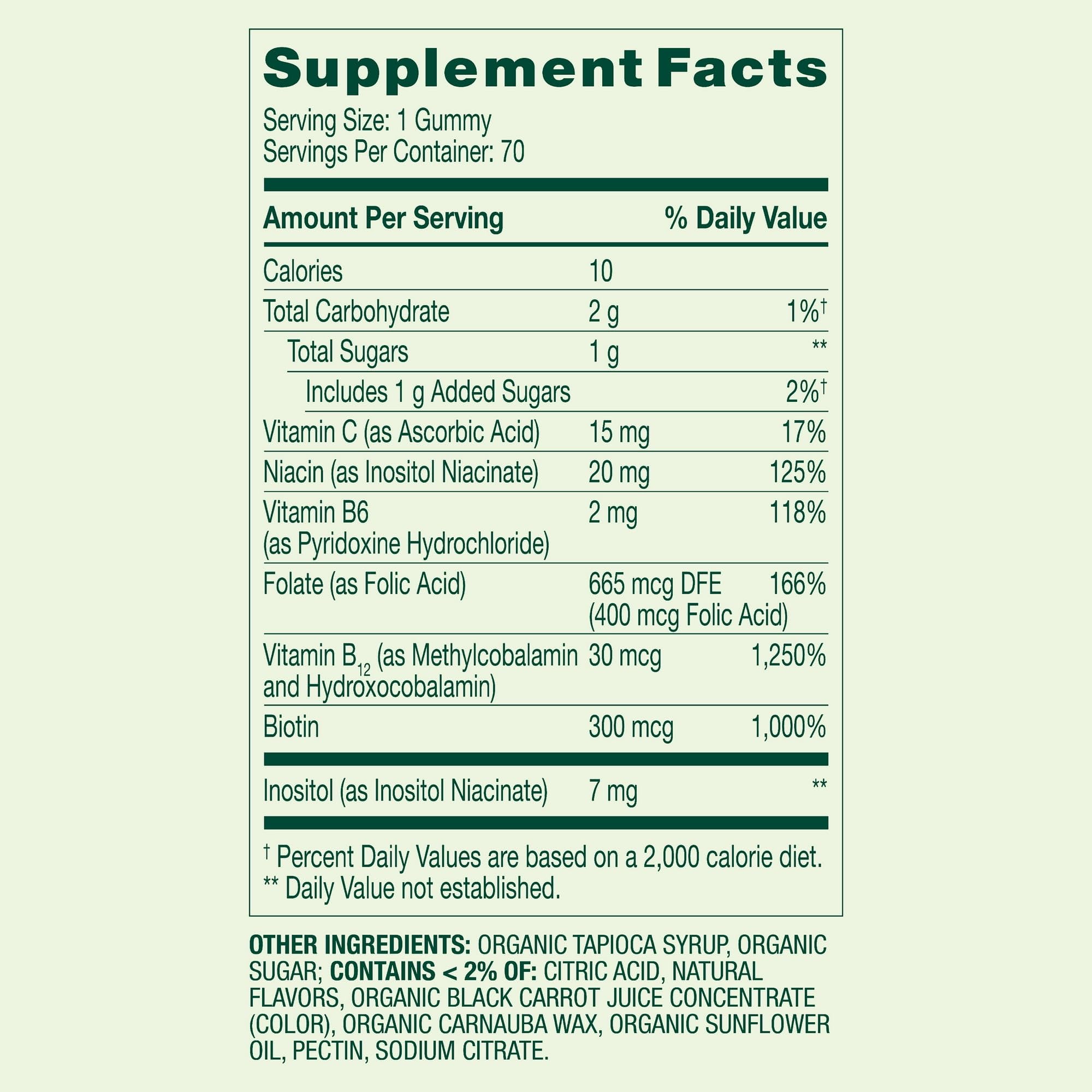 Ingredients list on B Complex Gummies Strawberry 70 Count bottle