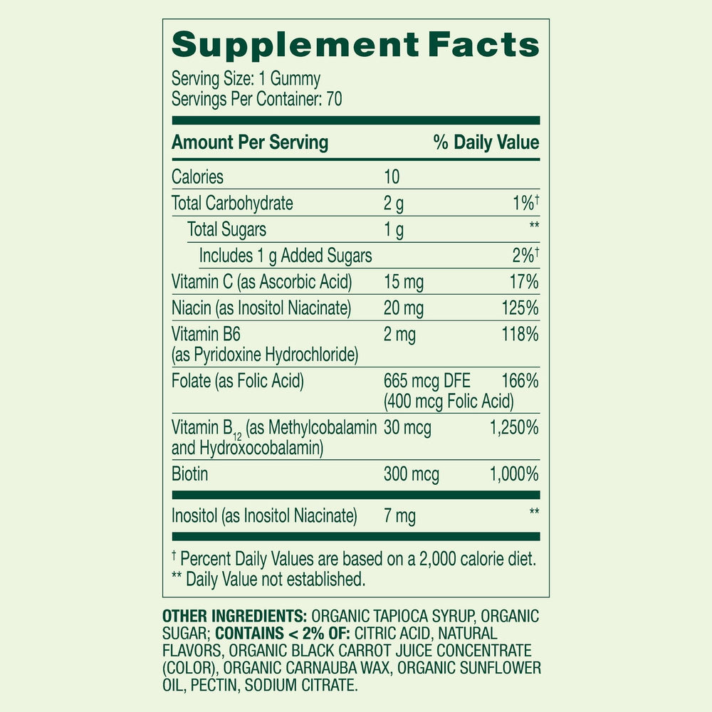 Ingredients list on B Complex Gummies Strawberry 70 Count bottle
