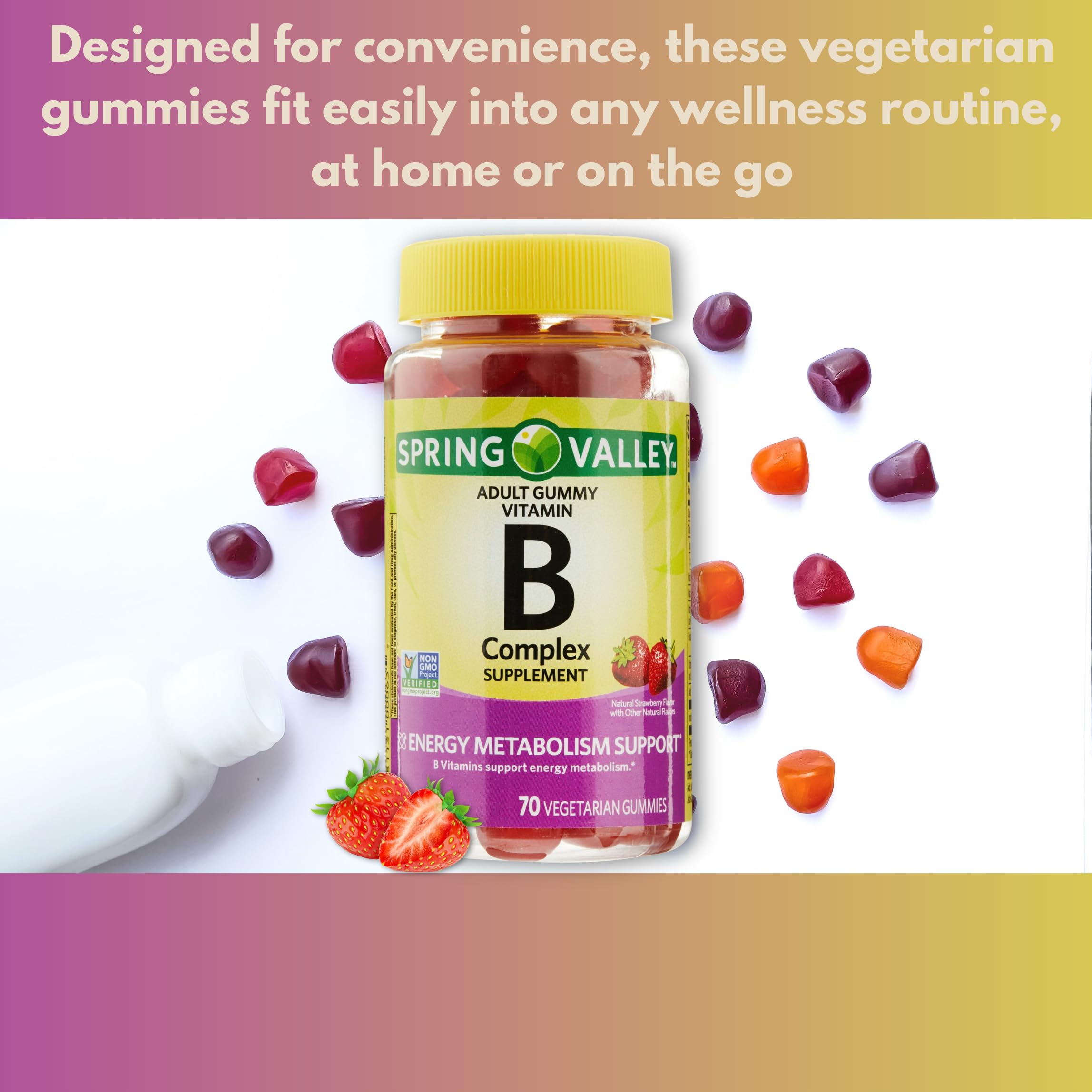 Nutrition facts panel for B Complex Gummies Strawberry 70 Count