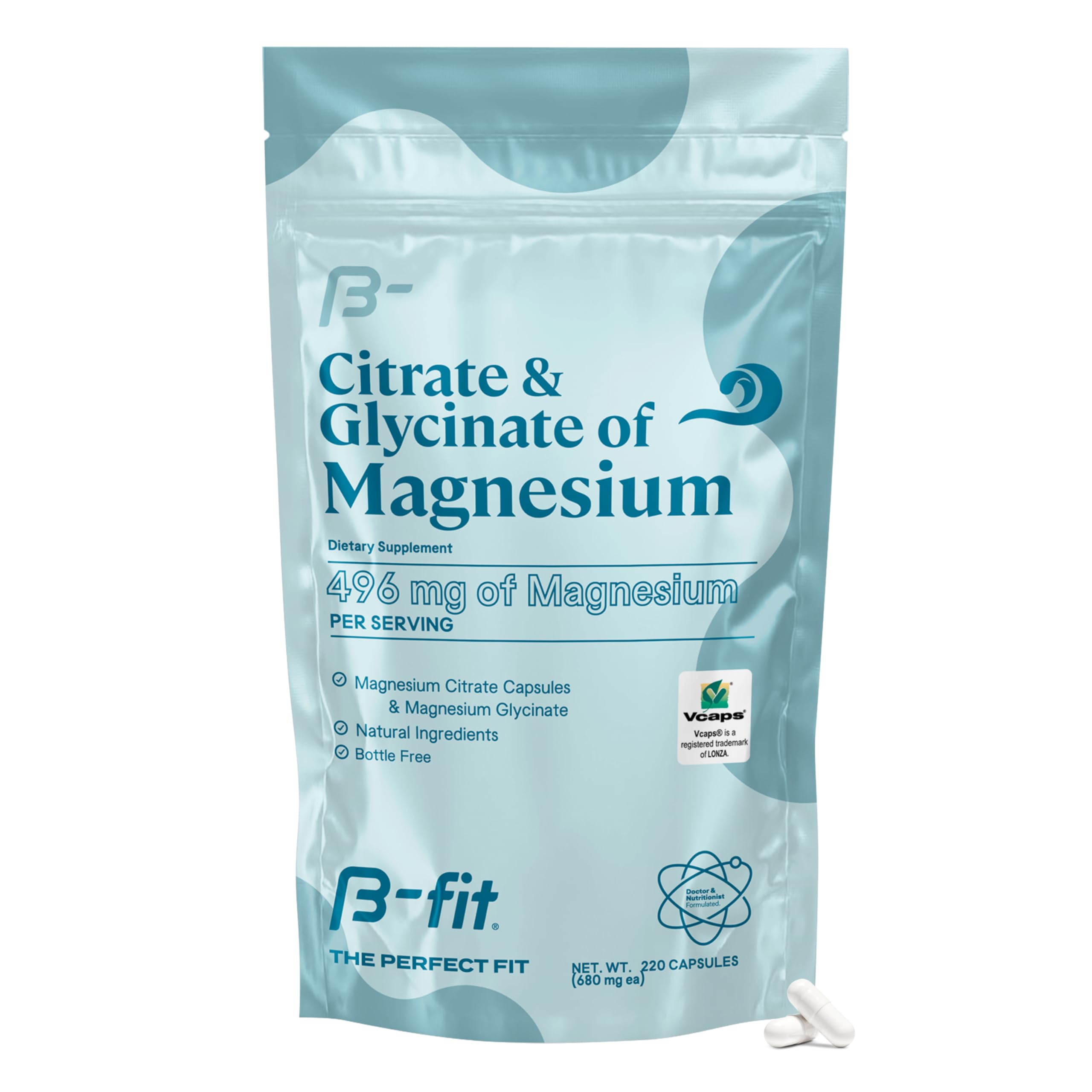 Front view of B-FIT B Magnesium Glycinate & Citrate bottle, 220 capsules