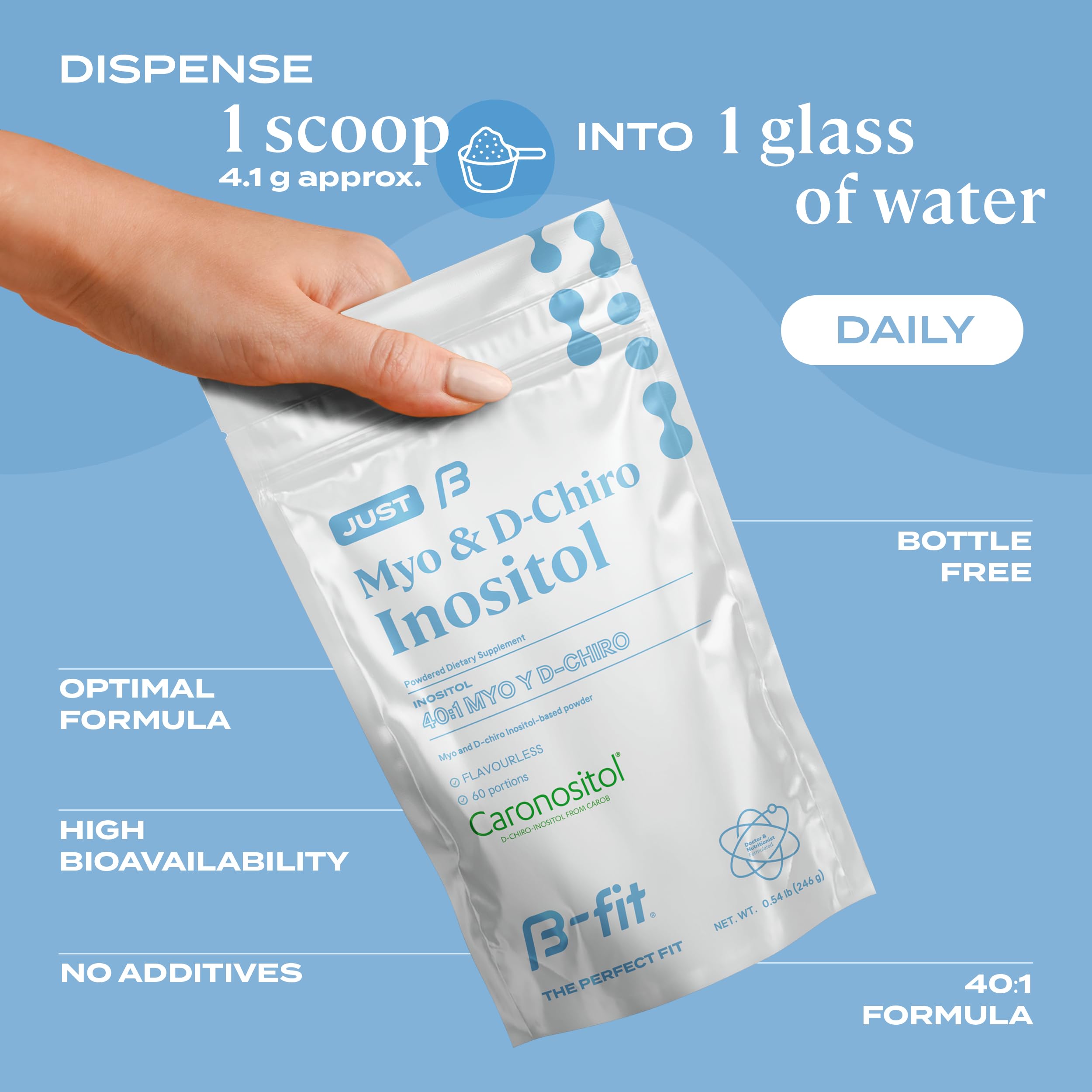 Glass with mixed B-FIT B Inositol drink showing smooth dissolution.
