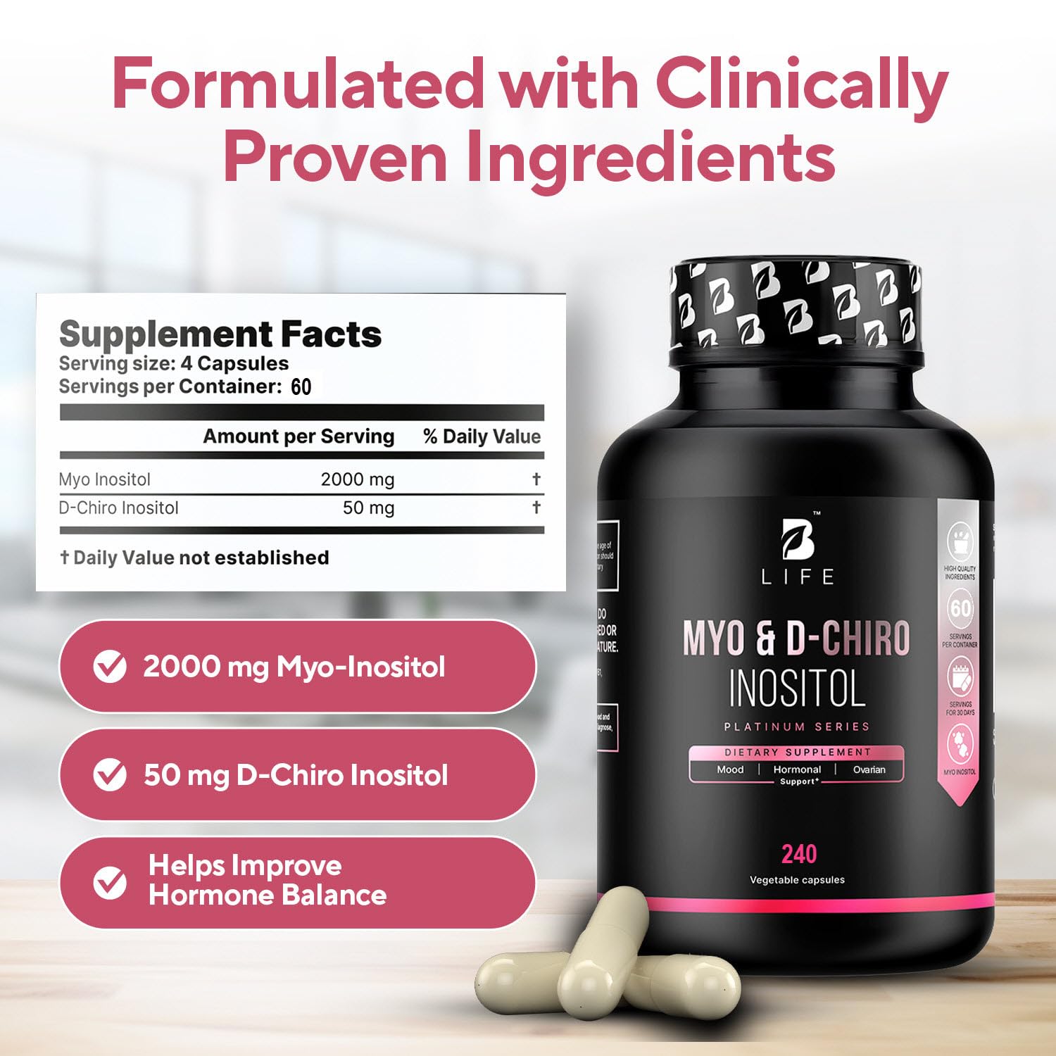 Close-up of Myo-Inositol & D-Chiro Inositol 40:1 capsules