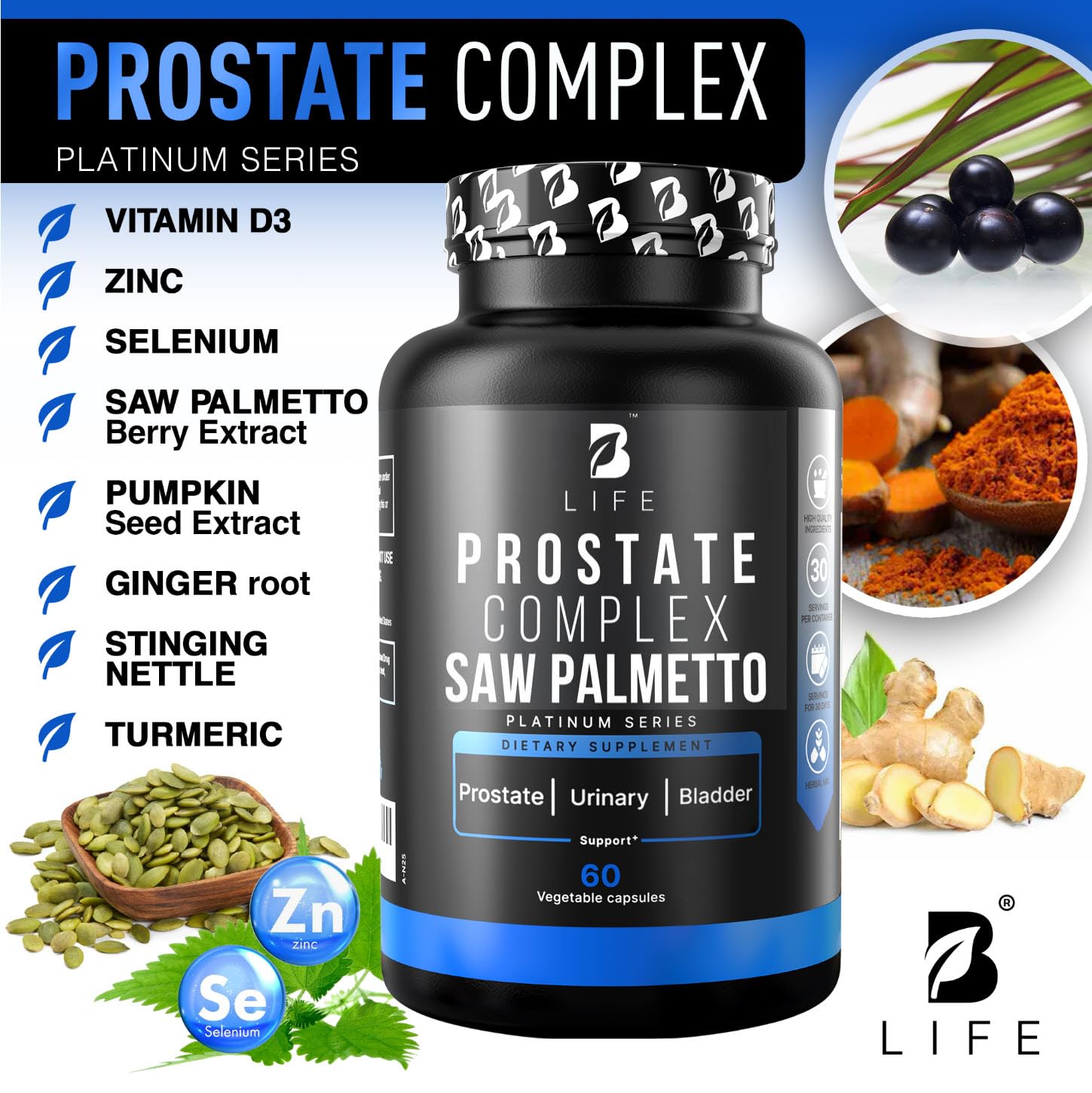 Close-up of label showing Saw Palmetto, Pumpkin Seed Oil, and Stinging Nettle Root