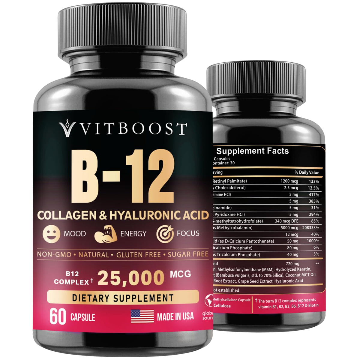 B12 25,000 mcg complex with hyaluronic acid, collagen and folate in 60 capsules