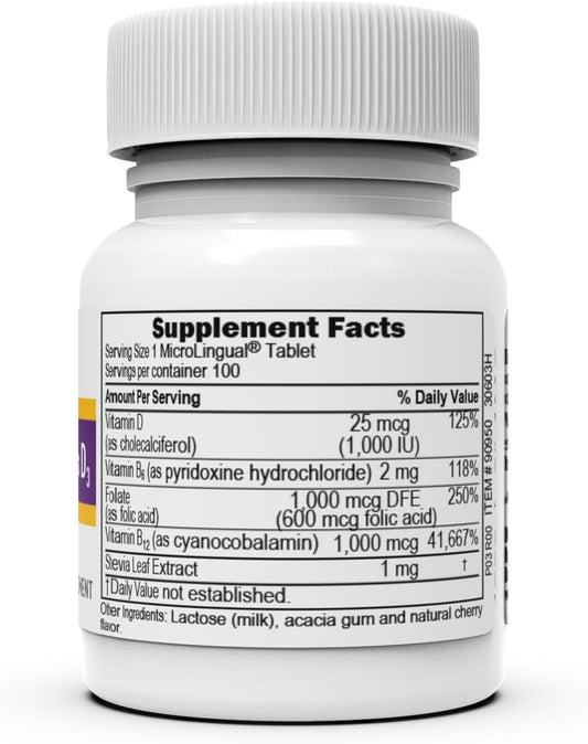 Label showing B-12, B-6, D-3 and folic acid blend