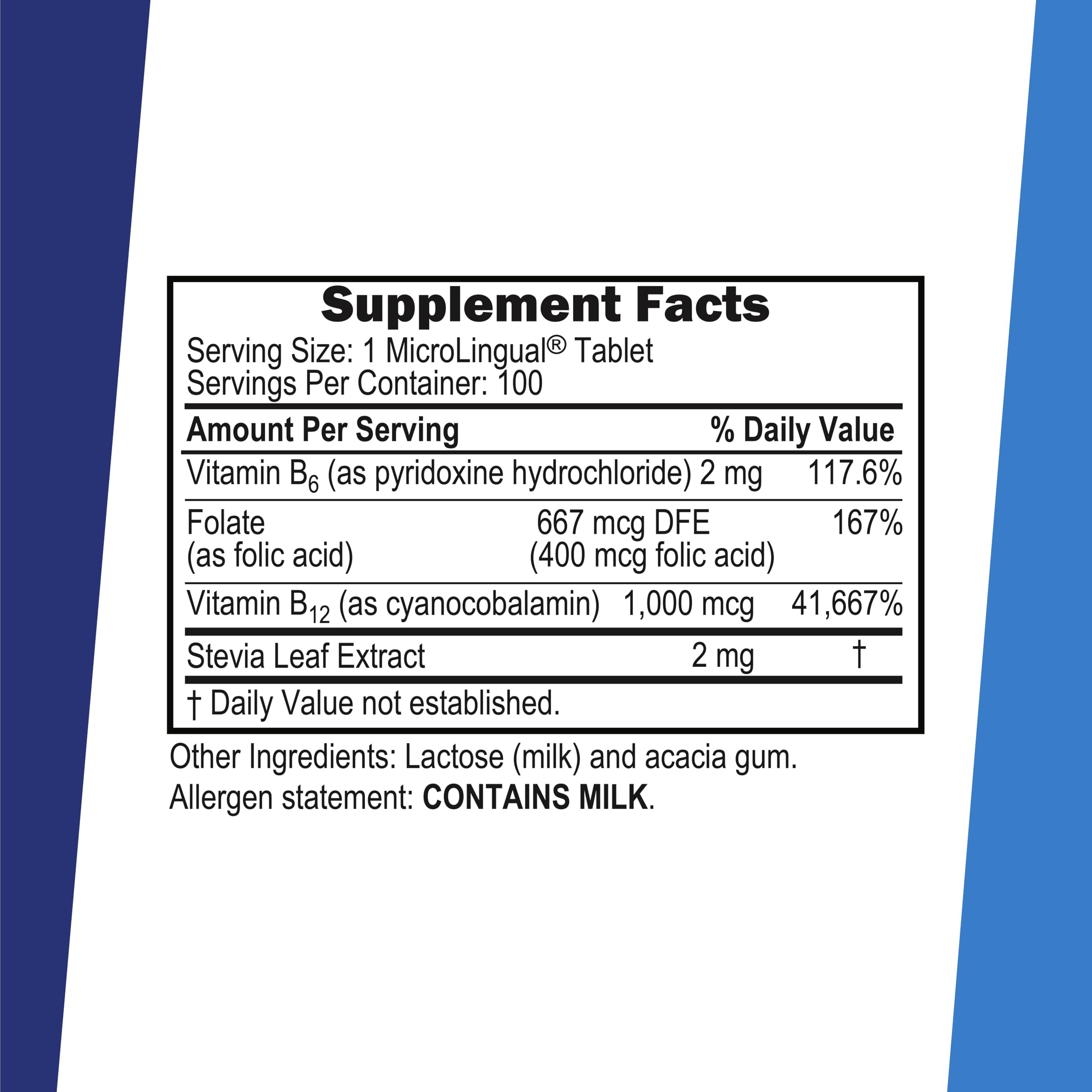 Label showing B12, B6, and folic acid 400 mcg ingredients