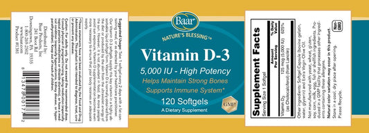 Close-up of Baar Vitamin D-3 Softgels 5000 IU bottle