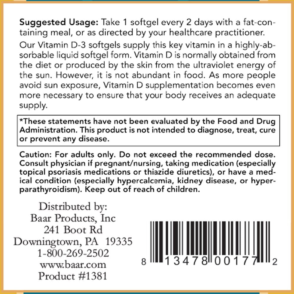 Dosage chart for Baar Vitamin D-3 Softgels 5000 IU
