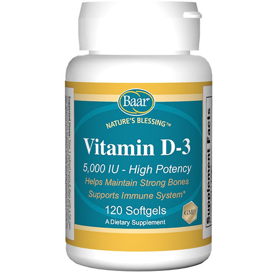 Baar Vitamin D-3 Softgels 5000 IU 120-count bottle (hero image)