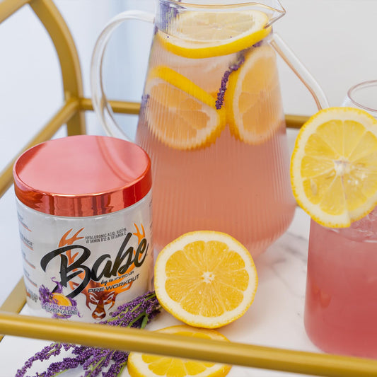 Front label close up of Babe Pre Workout for Women Lavender Lemonade