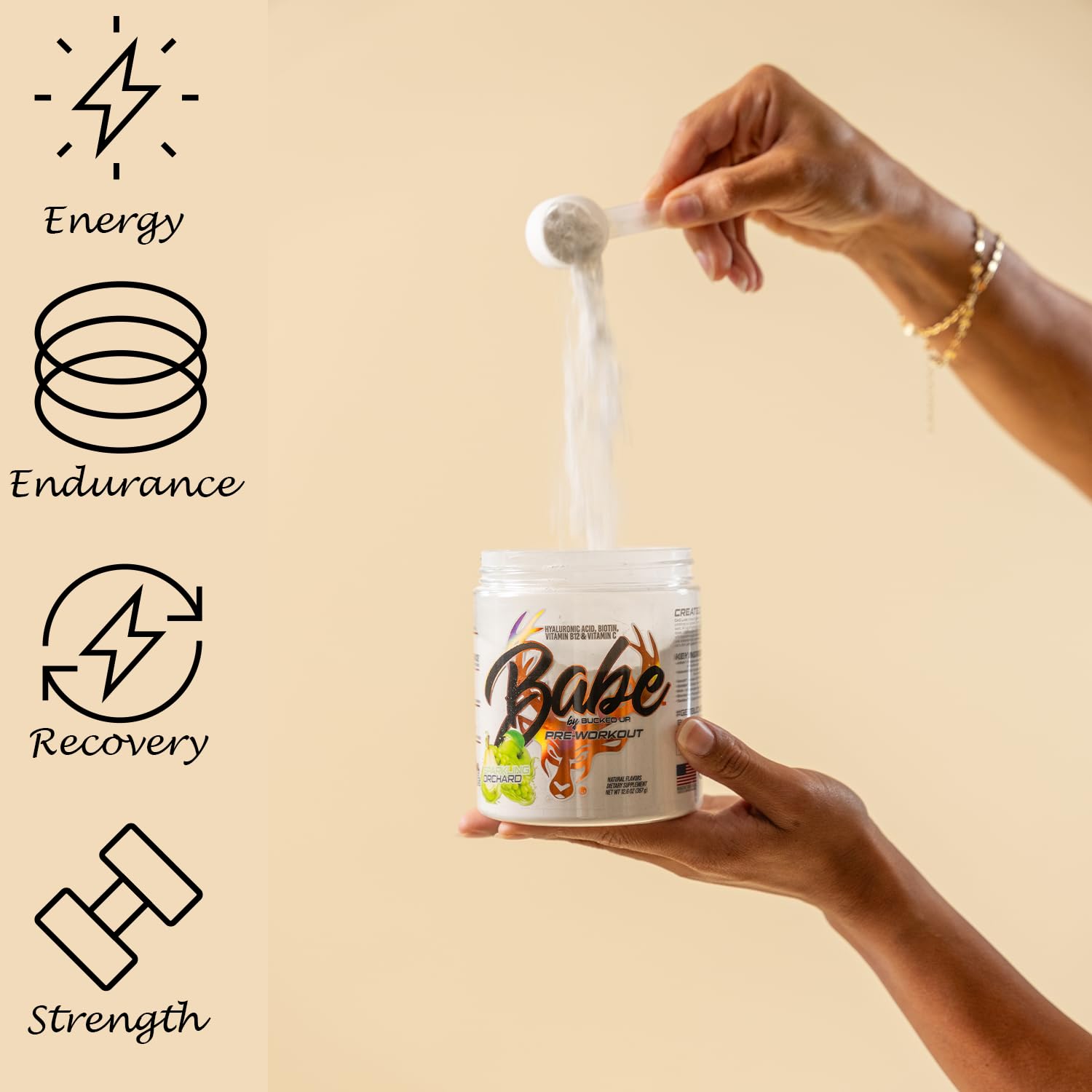 Women-focused fitness scene featuring Babe Pre Workout branding