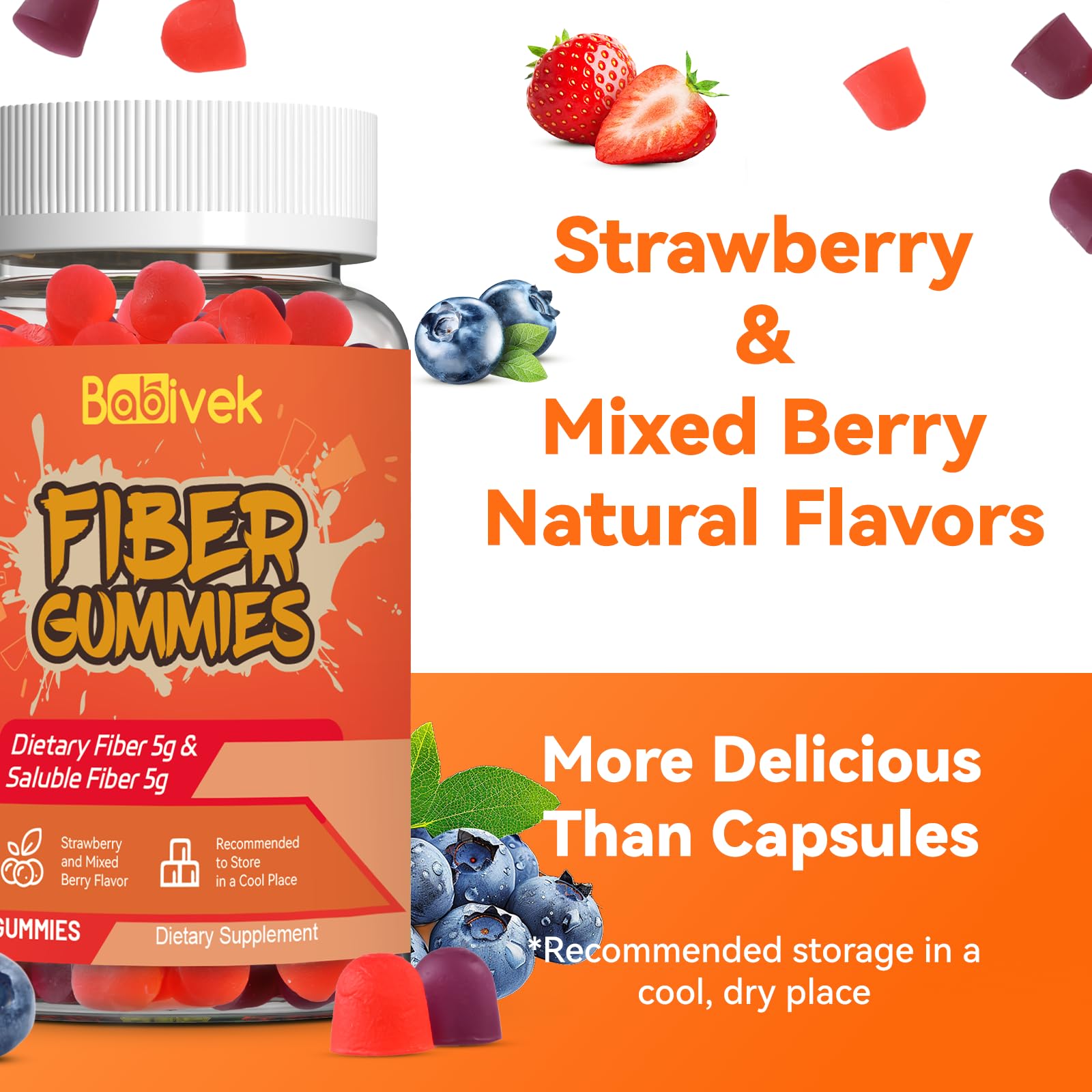 Storage and usage guidance for Babivek Fiber Gummies bottle