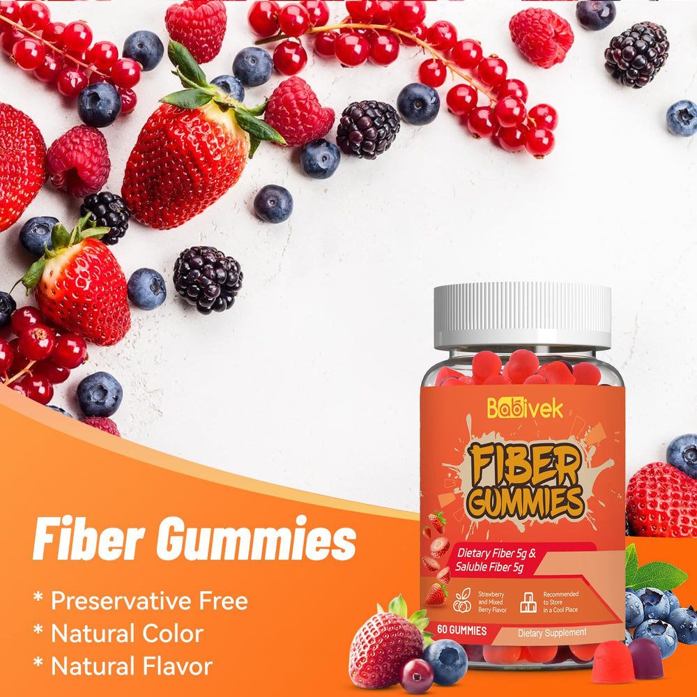 Vegan and Non-GMO icons on Babivek Fiber Gummies packaging