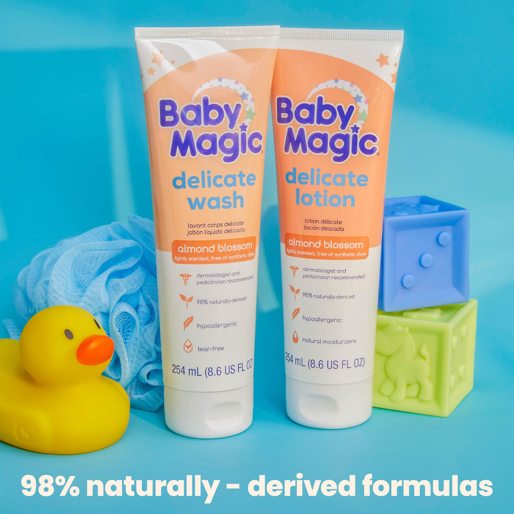 Hands creating a soft lather with Baby Magic Delicate Wash