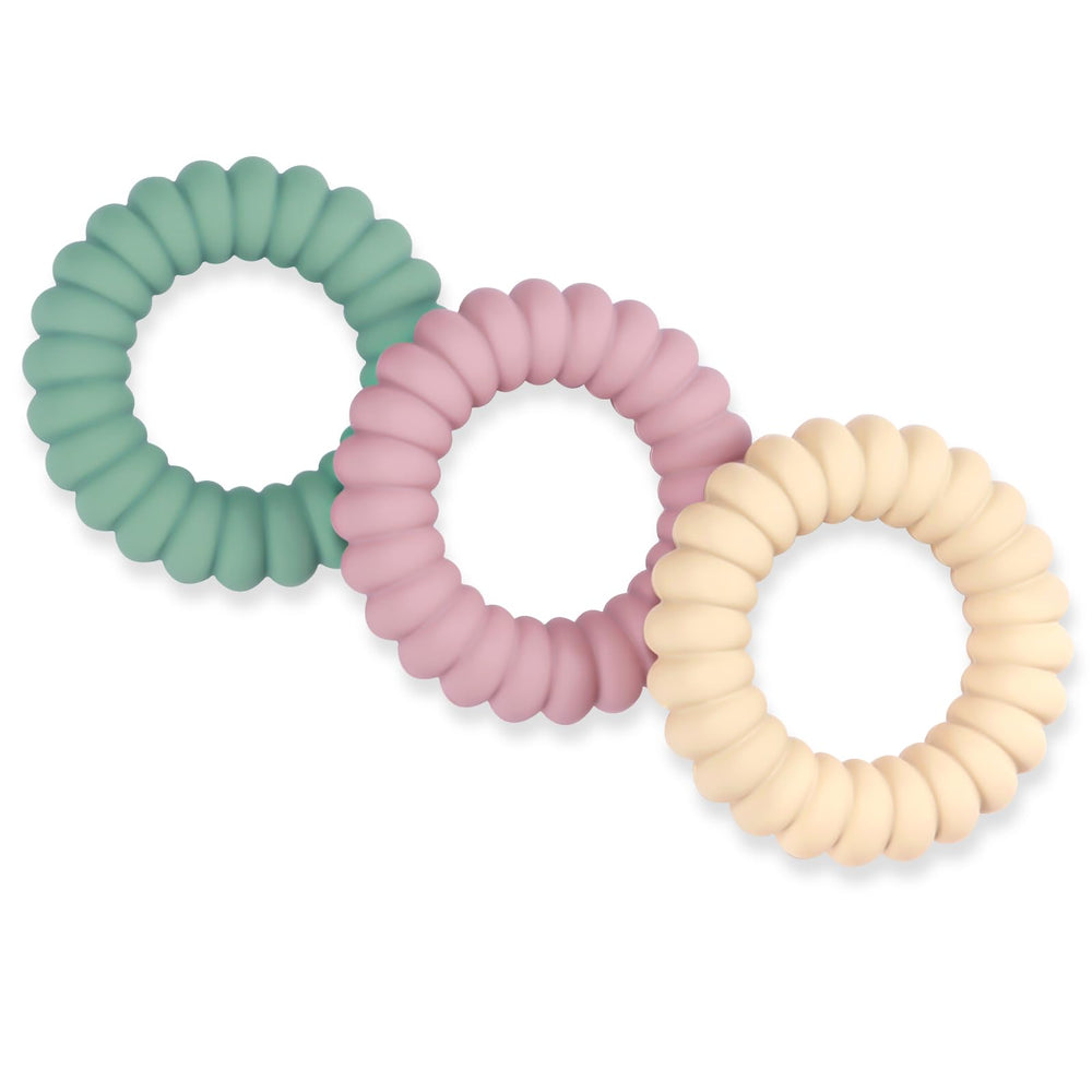 Three silicone teether rings with rattle design in pastel colors