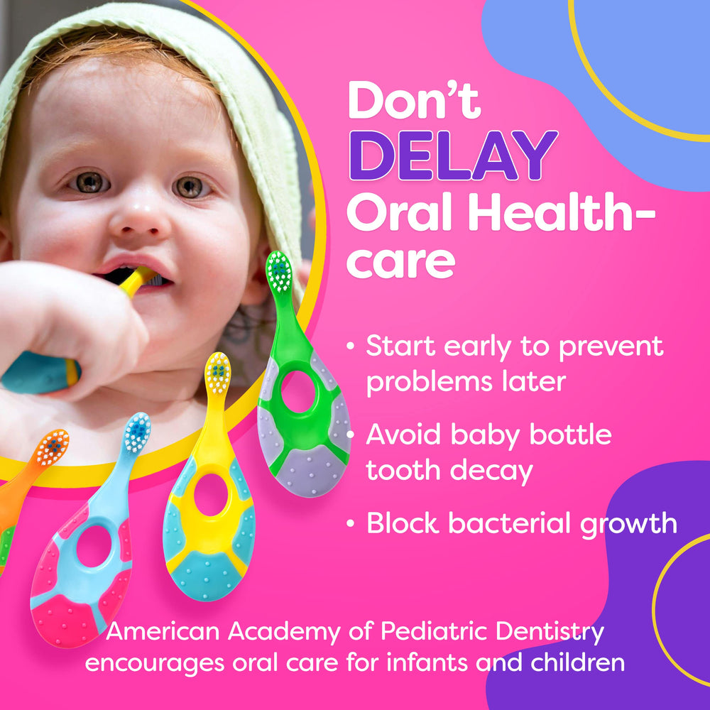 Colorful 4-pack baby toothbrushes laid out for display