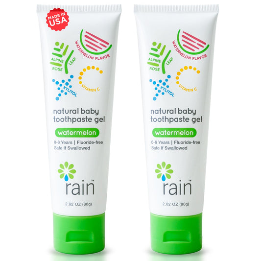 Packaging for Rain fluoride-free baby toothpaste 2.8 oz