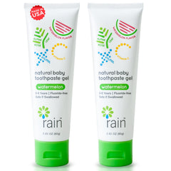 Packaging for Rain fluoride-free baby toothpaste 2.8 oz
