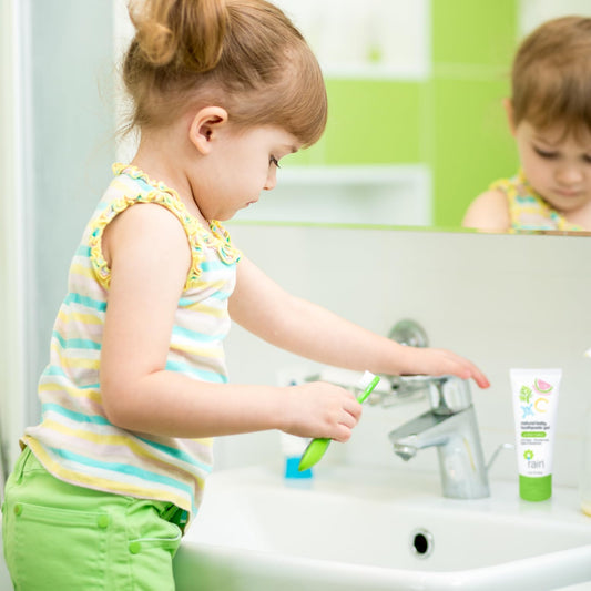 Front view of fluoride-free toothpaste tube for babies