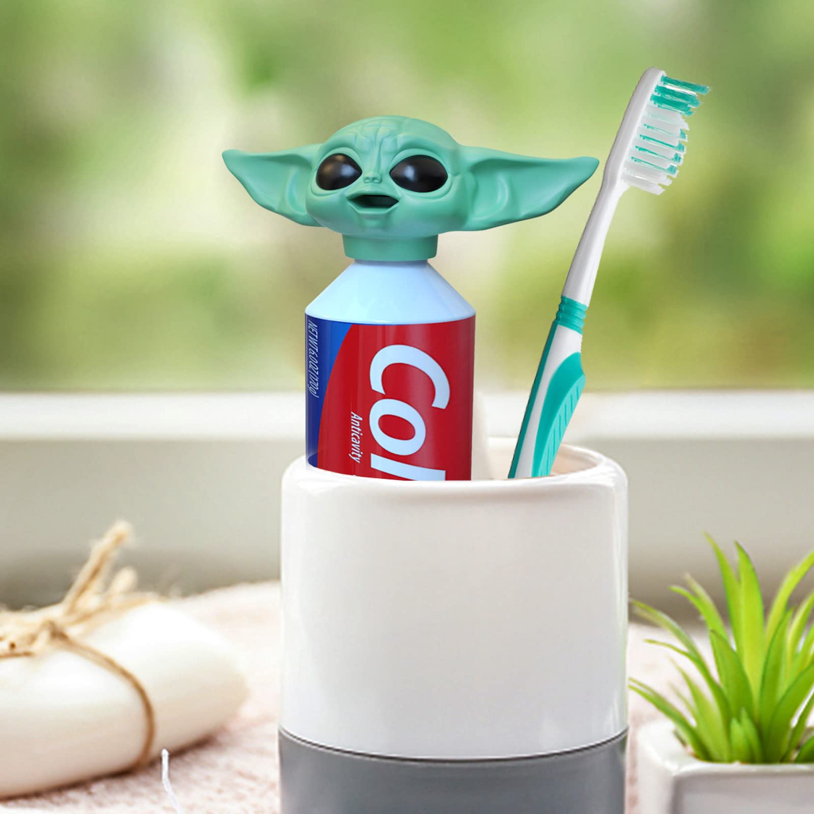 Non-toxic materials label for Baby Yoda toothpaste topper cap