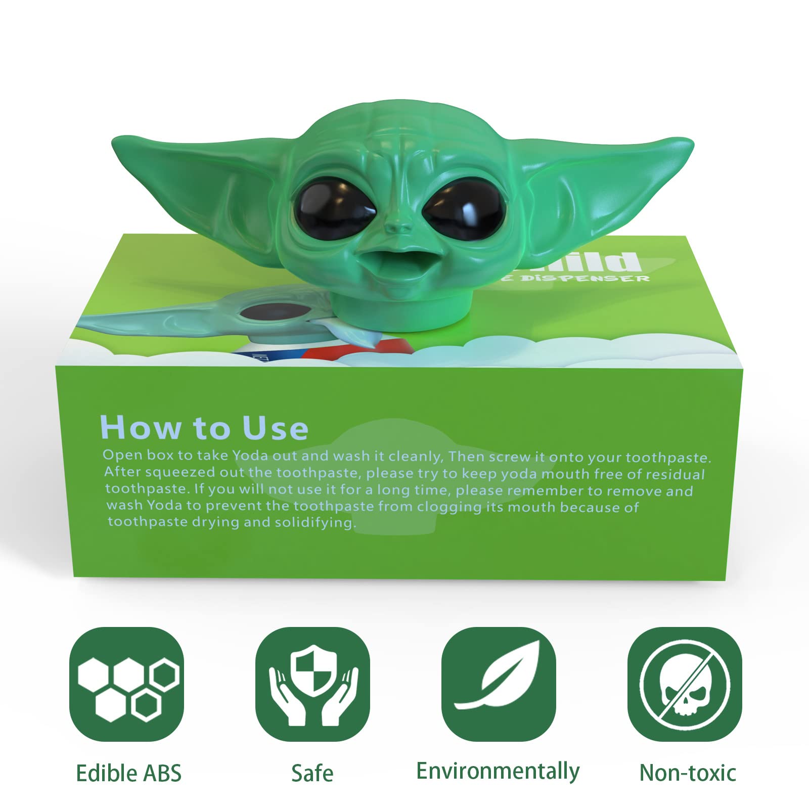 Baby Yoda toothpaste cap screwed onto toothpaste tube