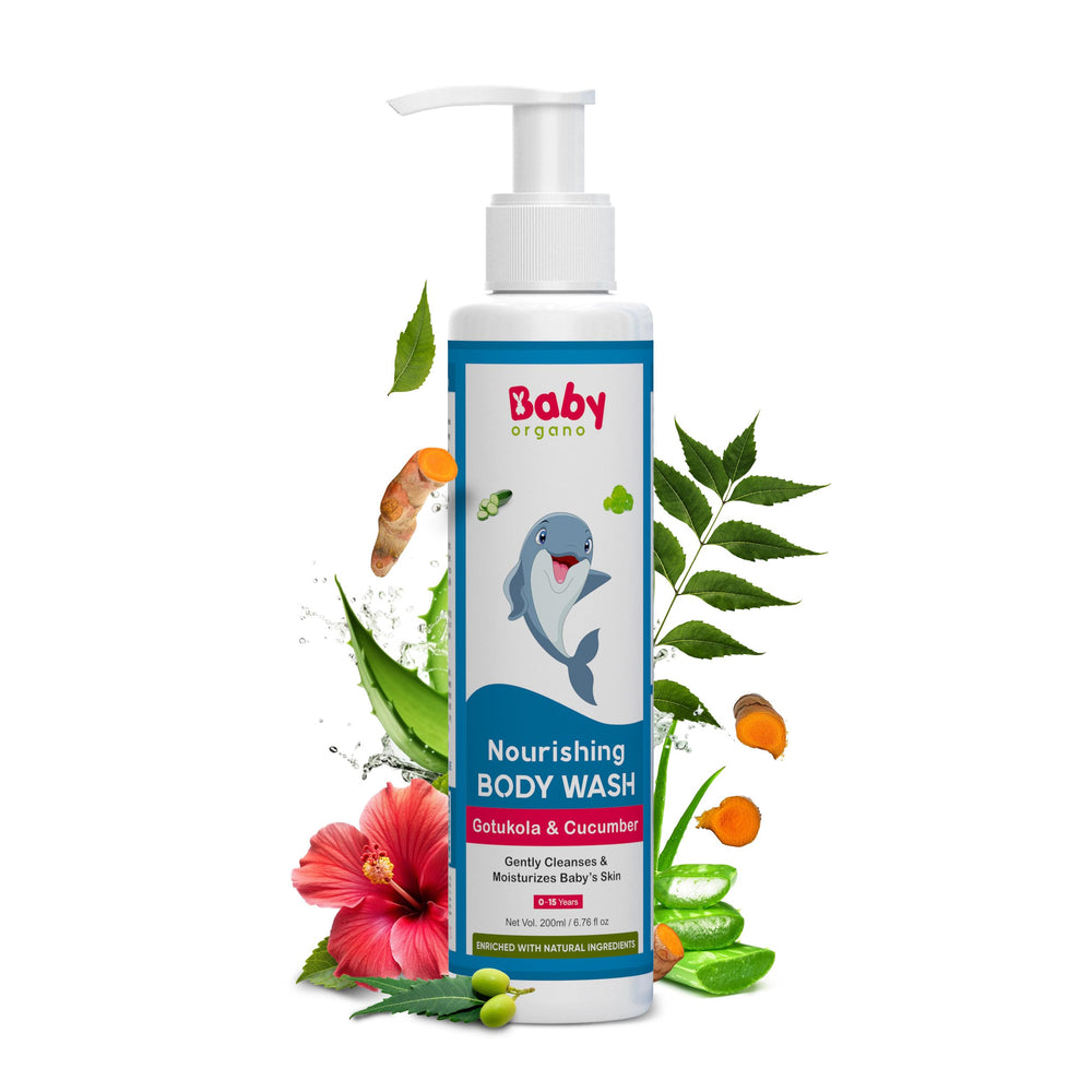 Front view of Babyorgano Baby Body Wash 200ml bottle