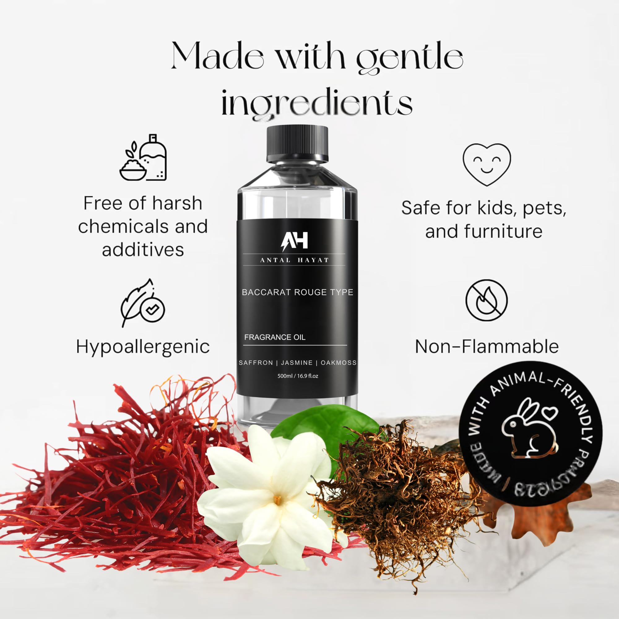 Graphic of notes: Sandalwood, Ambergris, Saffron, Jasmine, Oakmoss