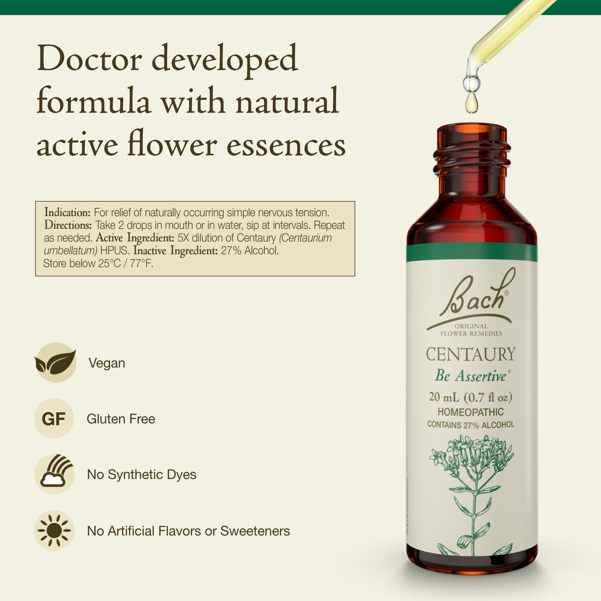 Close-up view of Centaury Be Assertive label on Bach Original Flower Remedies bottle