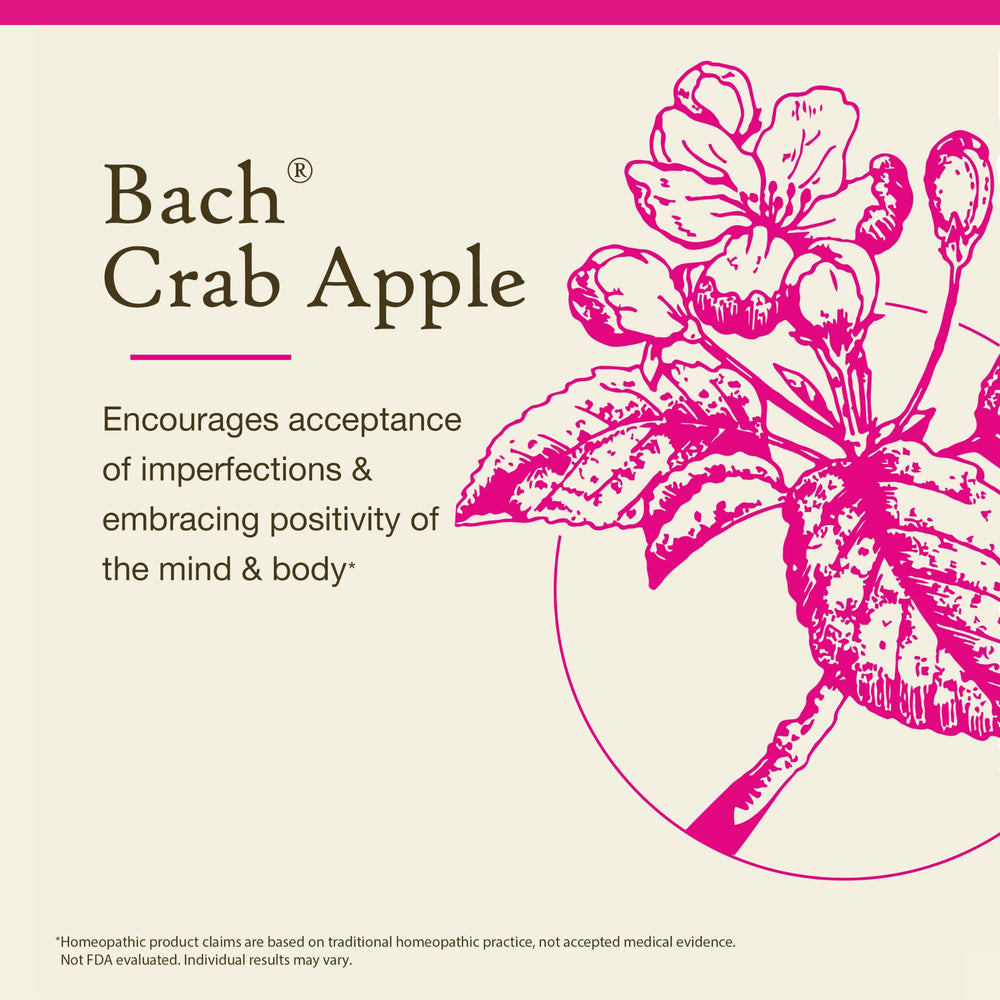 Bach Crab Apple bottle with two drops over a spoon to illustrate dosing and gentle application