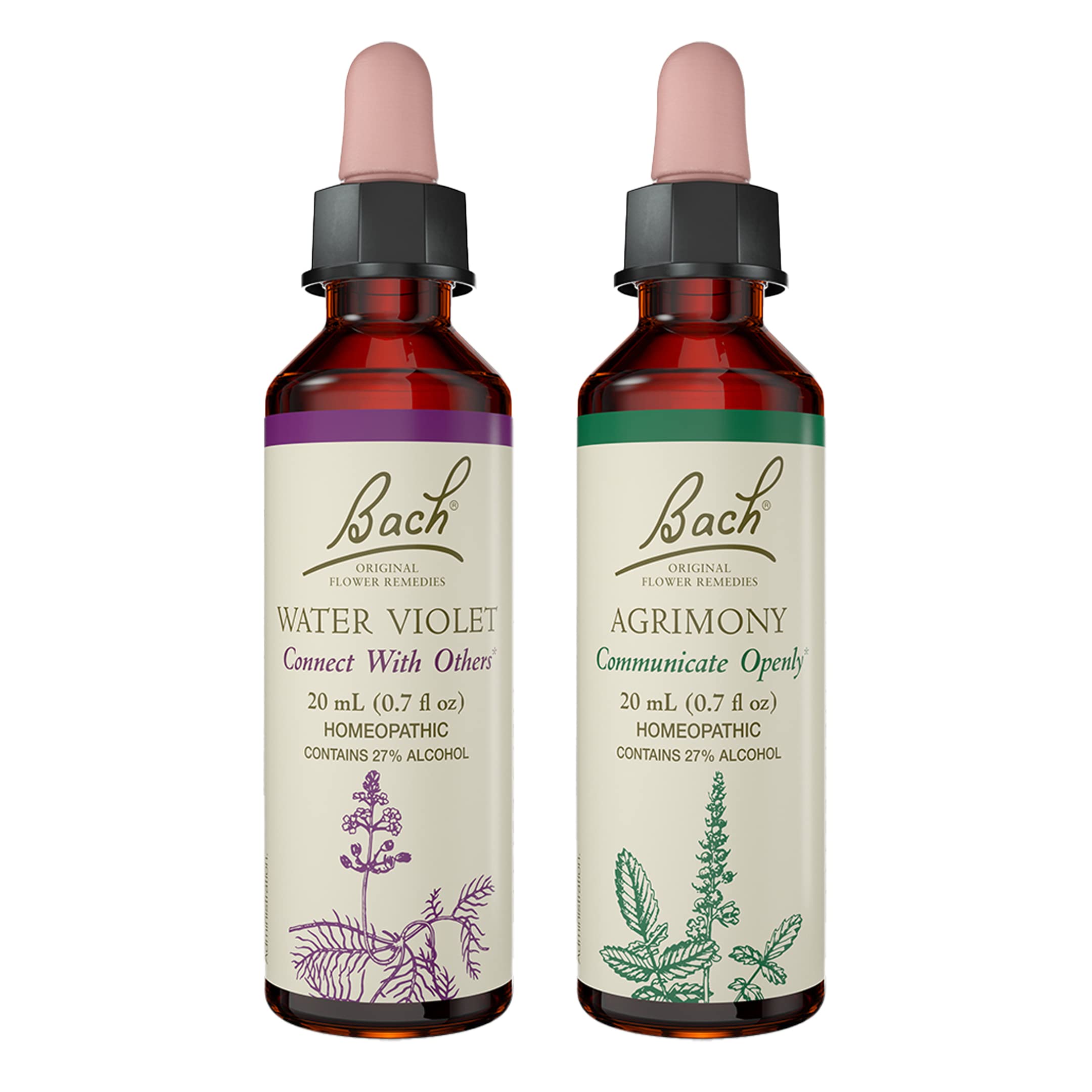 Bach Original Flower Remedies 2-Pack open up to others with Agrimony and Water Violet bottles