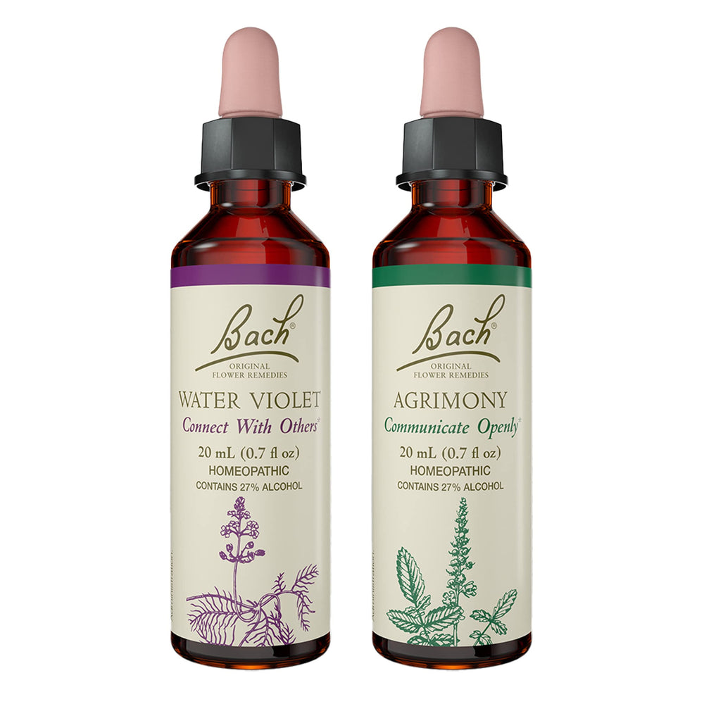 Bach Original Flower Remedies 2-Pack open up to others with Agrimony and Water Violet bottles