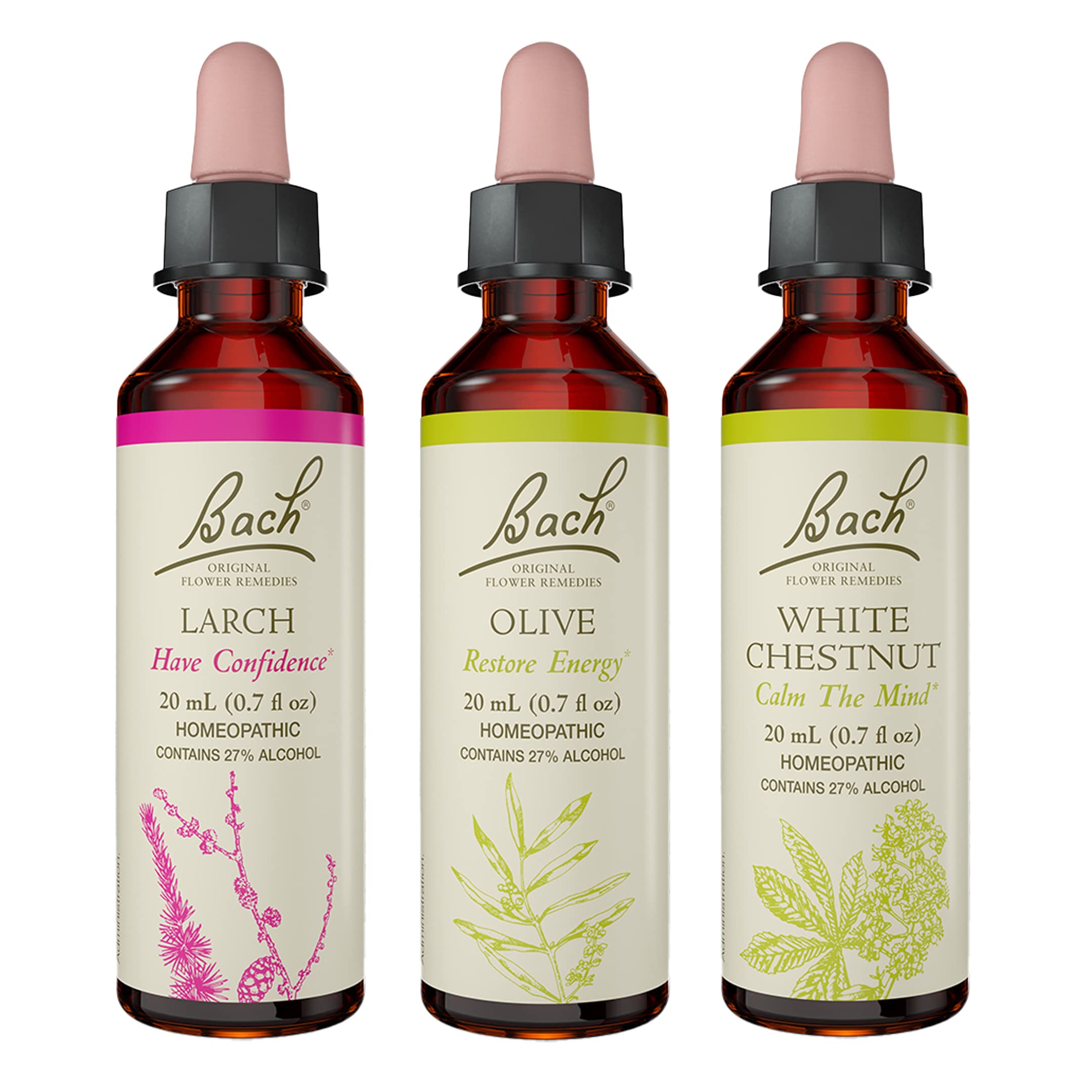 Front view of Bach Original Flower Remedies 3-Pack with three 20mL dropper bottles