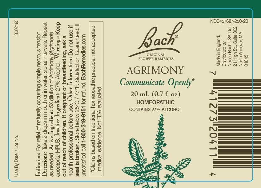 Close-up of 20mL dropper bottles for Agrimony and Water Violet flower remedies