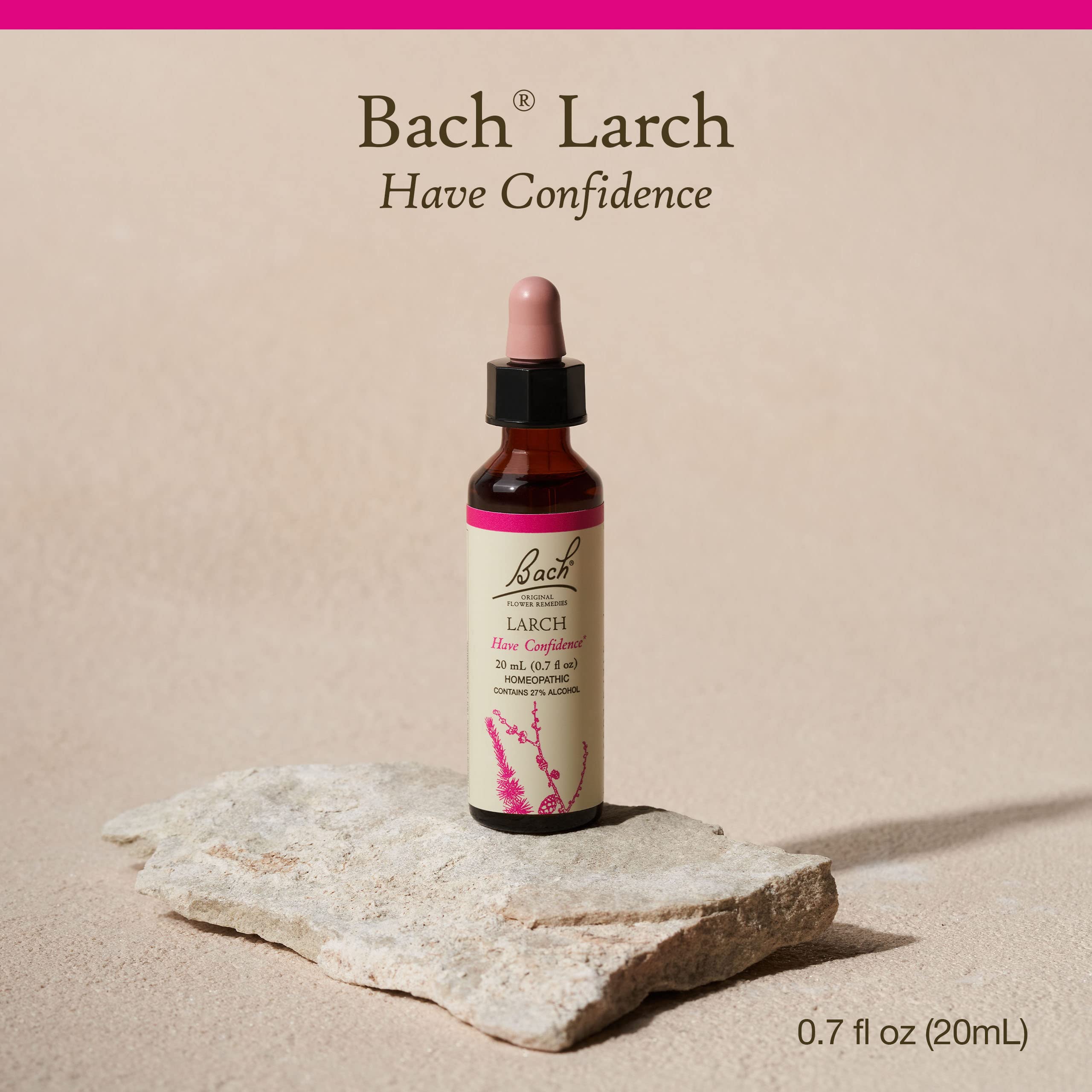 Close-up side view of Bach Larch 20mL bottle with dropper