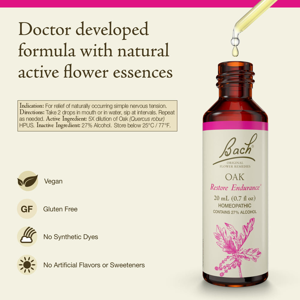 Close-up of the Oak Flower Remedy dropper bottle