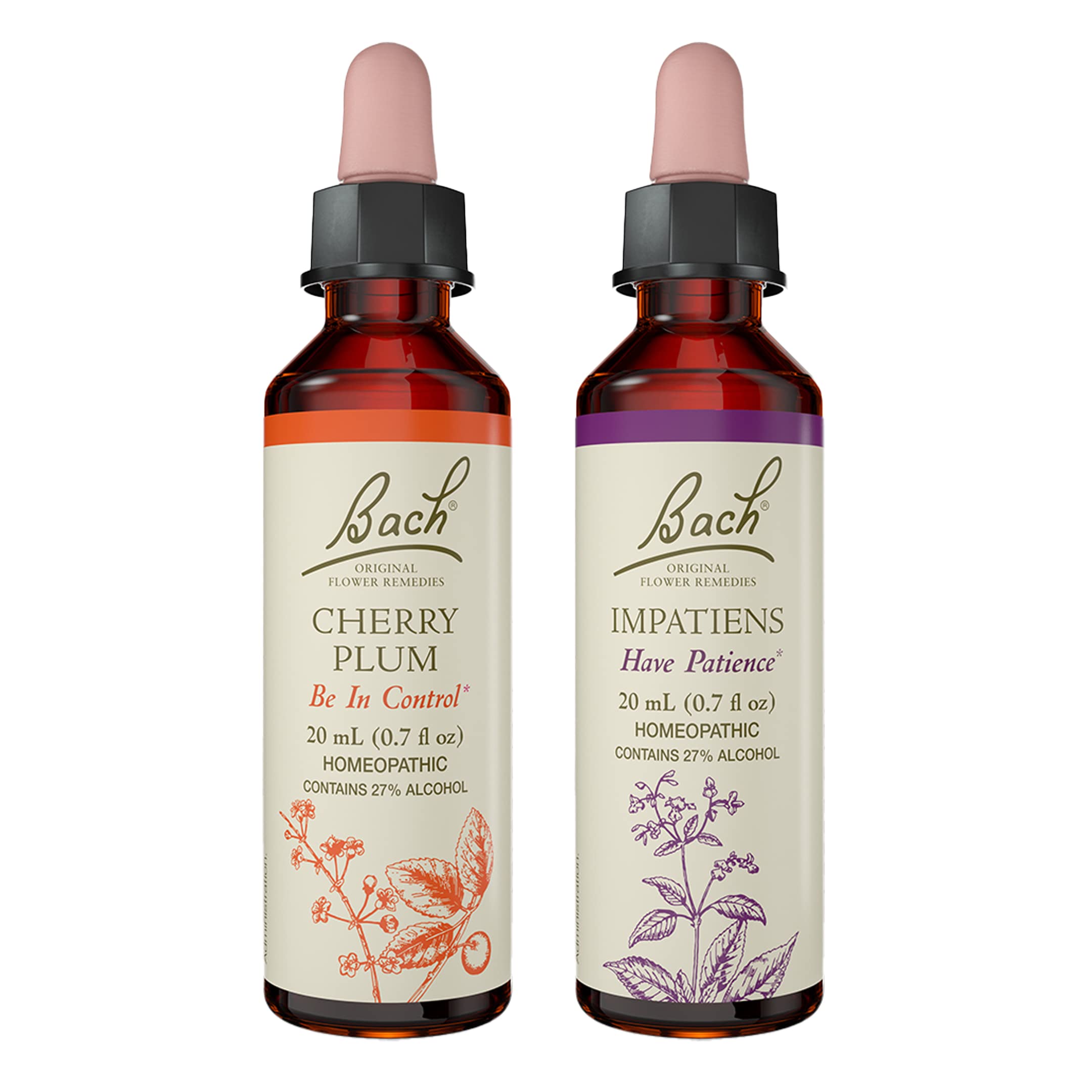 Bach Original Flower Remedies 2-Pack Have Patience with Impatiens and Cherry Plum bottles, 20mL each.
